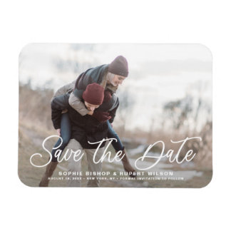 White Simple Calligraphy Save the Date Photo Magneet