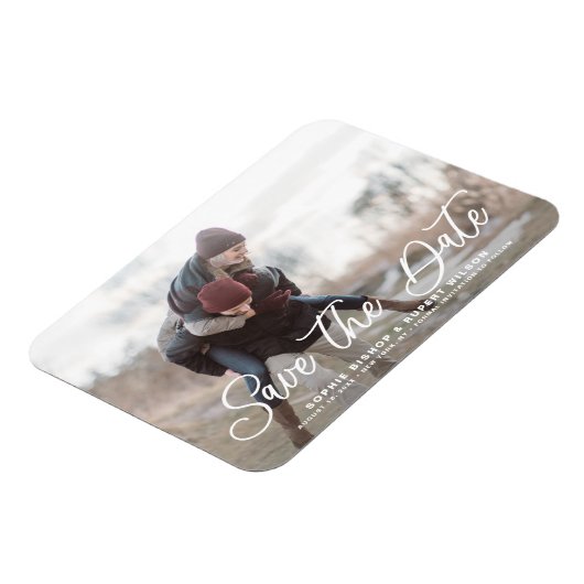 White Simple Calligraphy Save the Date Photo Magneet (Linkerzijde)