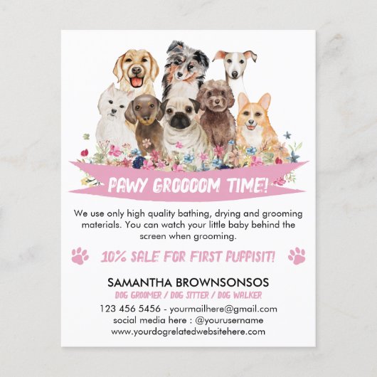 White Simple Floral Illustrated Dog groomer Flyer (Voorkant)