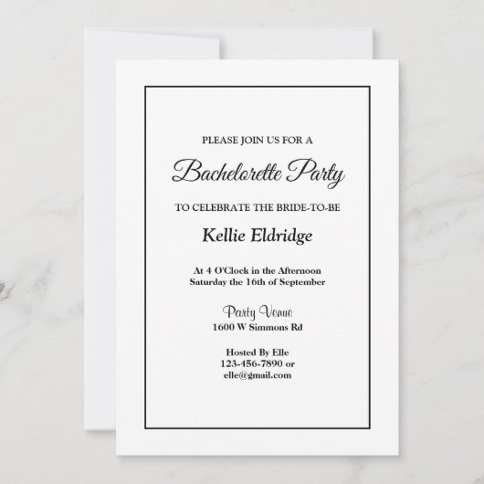 White Simple Framed Bachelorette Party Invitation Kaart (Voorkant)