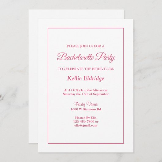White Simple Framed Bachelorette Party Invitation Kaart (Voorkant / Achterkant)