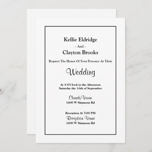 White Simple Framed Wedding Invitation Kaart (Voorkant / Achterkant)