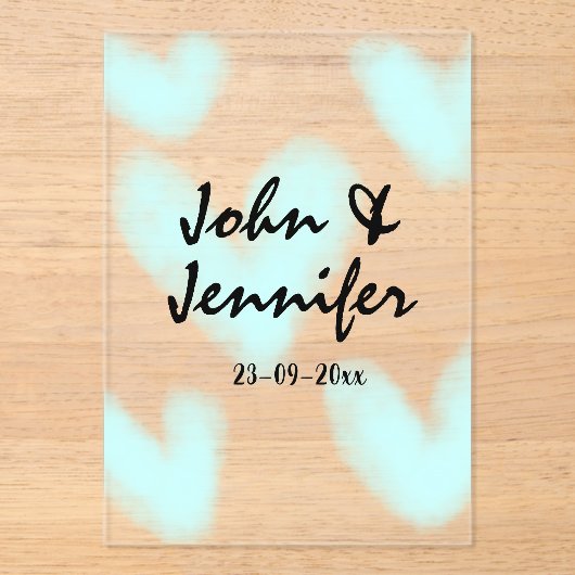 white simple minimal text style wedding blue heart acryl uitnodigingen (Voorkant)