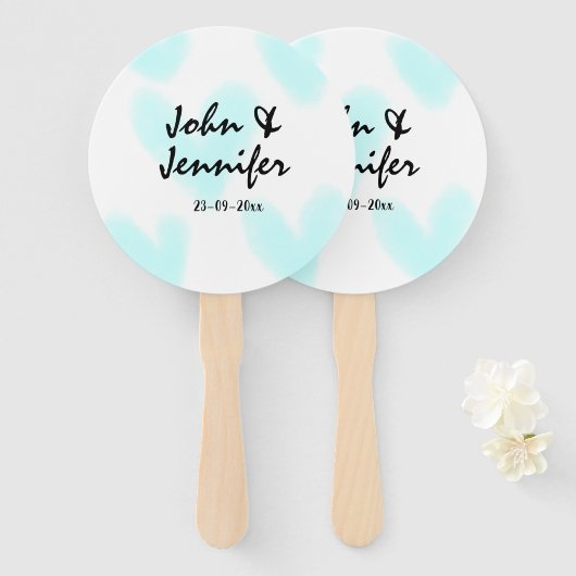 white simple minimal text style wedding blue heart handwaaier (Voorkant en achterkant)