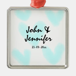 white simple minimal text style wedding blue heart metalen ornament