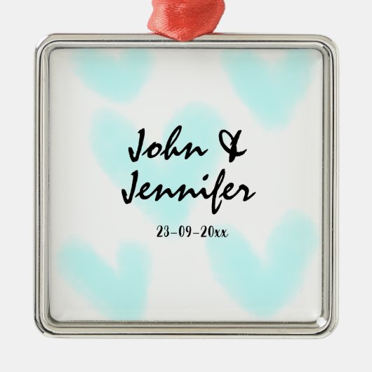 white simple minimal text style wedding blue heart metalen ornament (Voorkant)