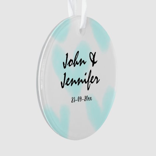 white simple minimal text style wedding blue heart ornament (voorkant)