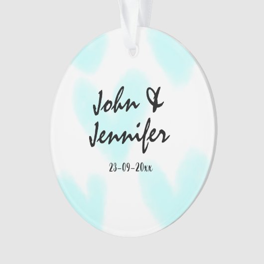 white simple minimal text style wedding blue heart ornament (voorkant)