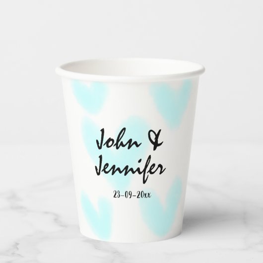 white simple minimal text style wedding blue heart papieren bekers (Voorkant)