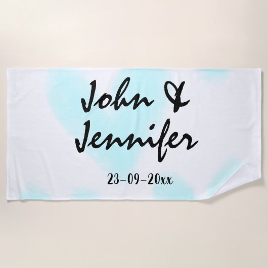 white simple minimal text style wedding blue heart strandlaken (Voorkant)