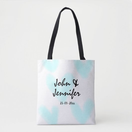 white simple minimal text style wedding blue heart tote bag (Voorkant)