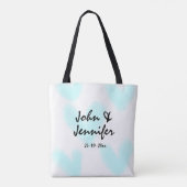 white simple minimal text style wedding blue heart tote bag (Achterkant)
