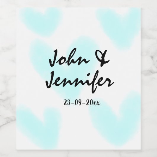 white simple minimal text style wedding blue heart wijn etiket (Enkel label)
