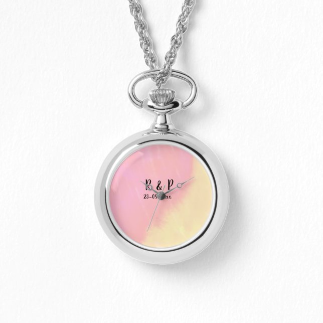 white simple minimal text style wedding pink yello horloge (Voorkant)