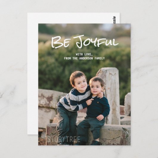 White Simple Script Be Joyful Photo Briefkaart (Voorkant / Achterkant)