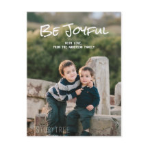 White Simple Script Be Joyful Photo Briefkaart