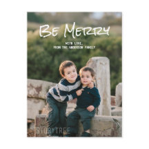 White Simple Script Be Merry Photo Briefkaart