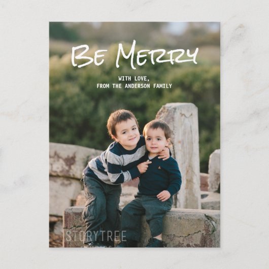 White Simple Script Be Merry Photo Briefkaart (Voorkant)