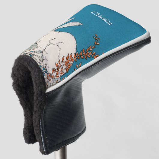  White Sitting Rabbit Illustration Flowers Golfheadcover (3/4 voorkant)