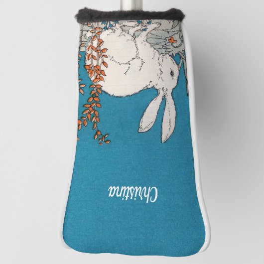  White Sitting Rabbit Illustration Flowers Golfheadcover (Draai 90)