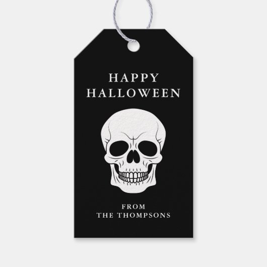 White Skull Head op Black Happy Halloween Cadeaulabel (Voorkant)