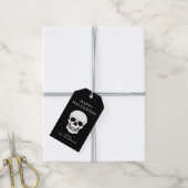 White Skull Head op Black Happy Halloween Cadeaulabel (Met Touw)