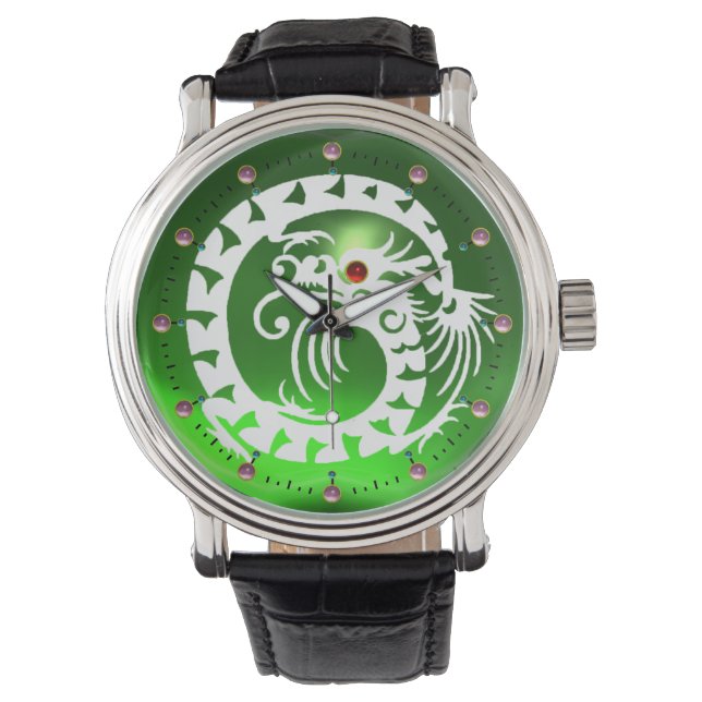 WHITE SNAKE DRAGON Black, Green Emerald, Roze Pare Horloge (Voorkant)
