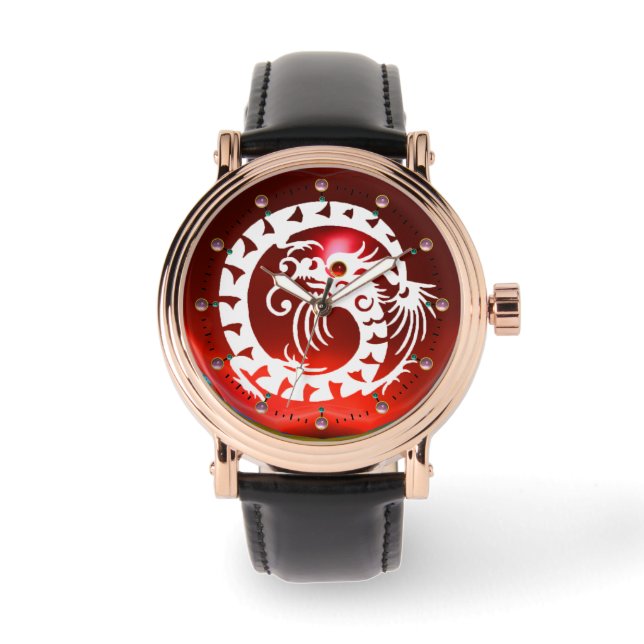 WHITE SNAKE DRAGON Black, Red Ruby, Roze stenen Horloge (Voorkant)
