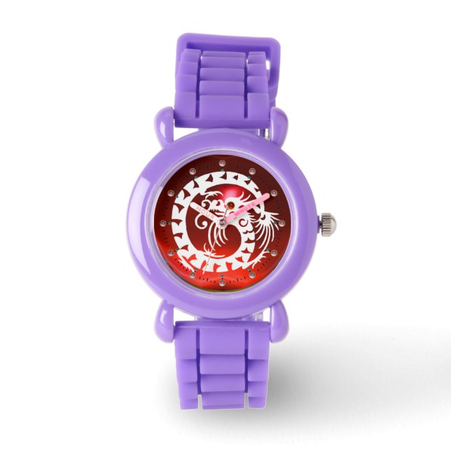 WHITE SNAKE DRAGON Black, Red Ruby, Roze stenen Horloge (Voorkant)