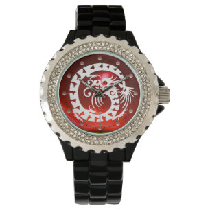 WHITE SNAKE DRAGON Black, Red Ruby, Roze stenen Horloge