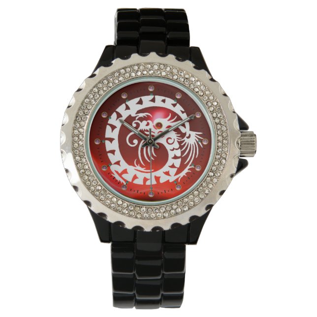 WHITE SNAKE DRAGON Black, Red Ruby, Roze stenen Horloge (Voorkant)