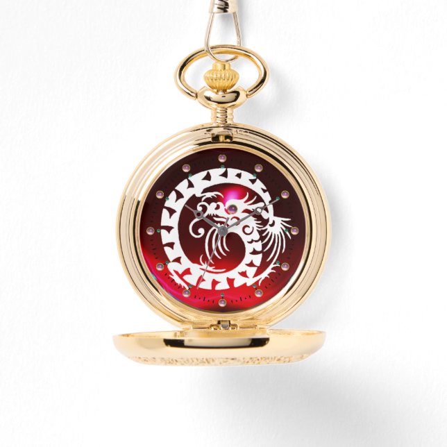 WHITE SNAKE DRAGON Black, Red Ruby, Roze stenen Horloge (Voorkant)