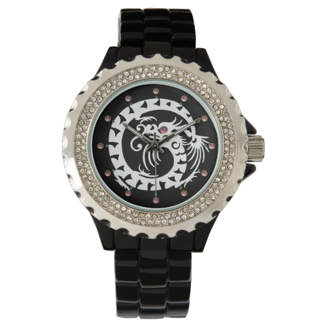 WHITE SNAKE DRAGON Black, Roze stenen Horloge (Voorkant)