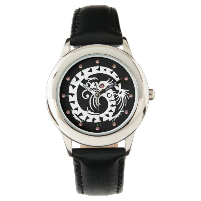 WHITE SNAKE DRAGON Black, Roze stenen Horloge (Voorkant)