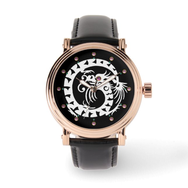 WHITE SNAKE DRAGON Black, Roze stenen Horloge (Voorkant)