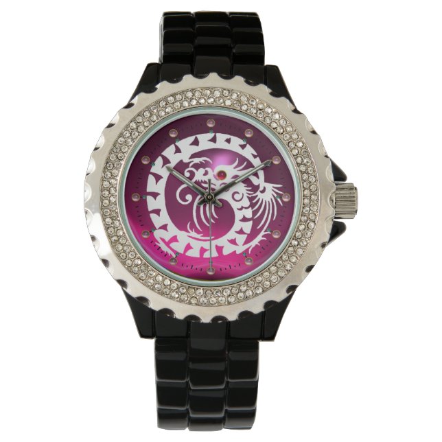 WHITE SNAKE DRAGON Pink Paars Amethyst Gem Stones Horloge (Voorkant)