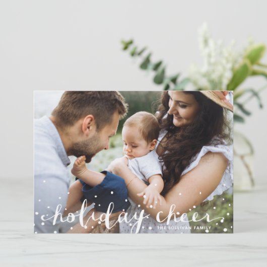 White Snow Christmas Cheer Rustic Script Foto Feestdagenkaart (Staand voorkant)