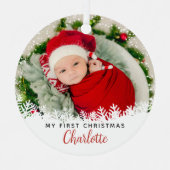 White Snow First Kerstroodfoto Metalen Ornament (Voorkant)