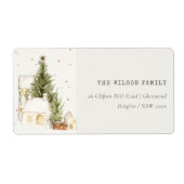 White Snowfall Tree Houses Kerstadres Etiket (Voorkant)