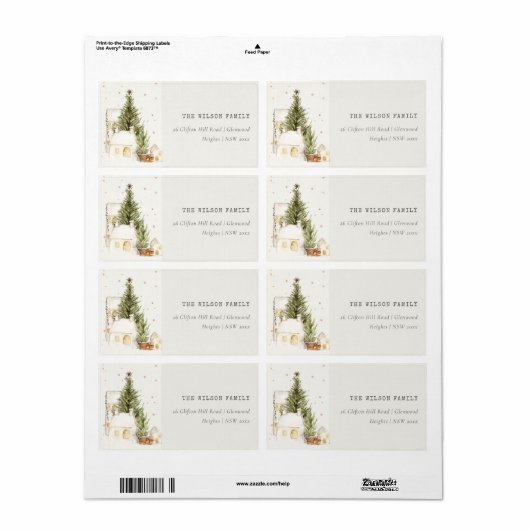 White Snowfall Tree Houses Kerstadres Etiket (Full Sheet)