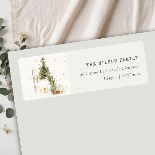 White Snowfall Tree Houses Kerstadres Etiket