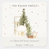 White Snowfall Tree Houses Kerstadres Vierkante Sticker (Voorkant)