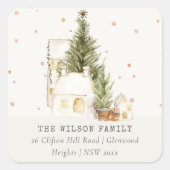 White Snowfall Tree Houses Kerstadres Vierkante Sticker (Voorkant)