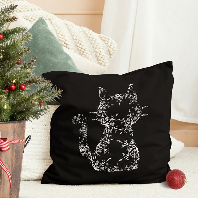 White Snowflake Cat Silhouette Kussen (White Snowflake Cat Silhouette Throw Pillow)