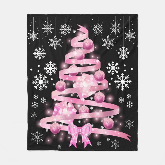 White Snowflake Light Roze Kerstaboom met lint Fleece Deken (Voorkant)