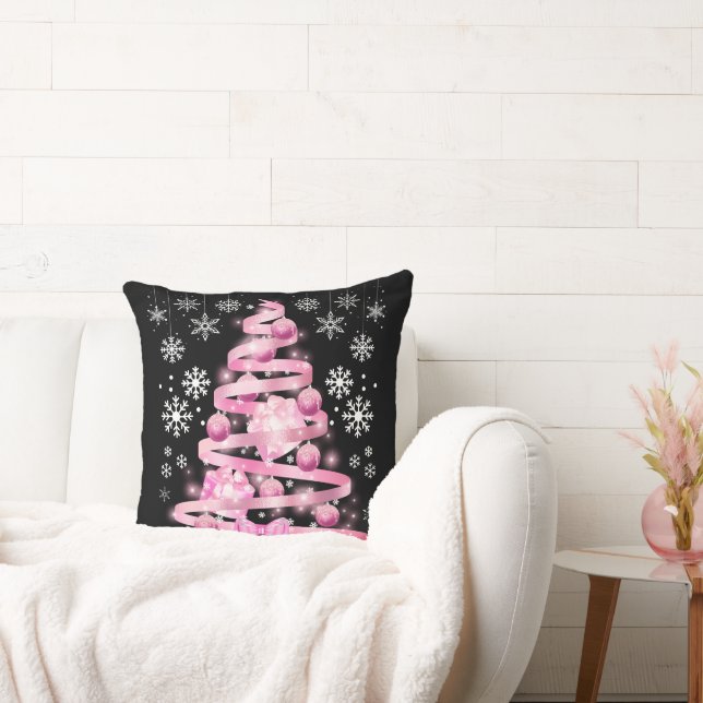 White Snowflake Light Roze Kerstaboom met lint Kussen (Bank)