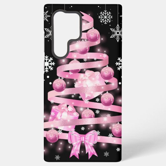 White Snowflake Light Roze Kerstaboom met lint Samsung Galaxy Hoesje (Achterkant)