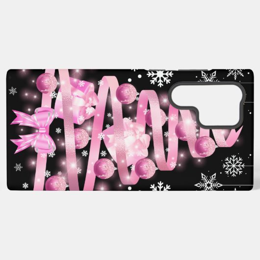 White Snowflake Light Roze Kerstaboom met lint Samsung Galaxy Hoesje (Achterkant horizontaal)
