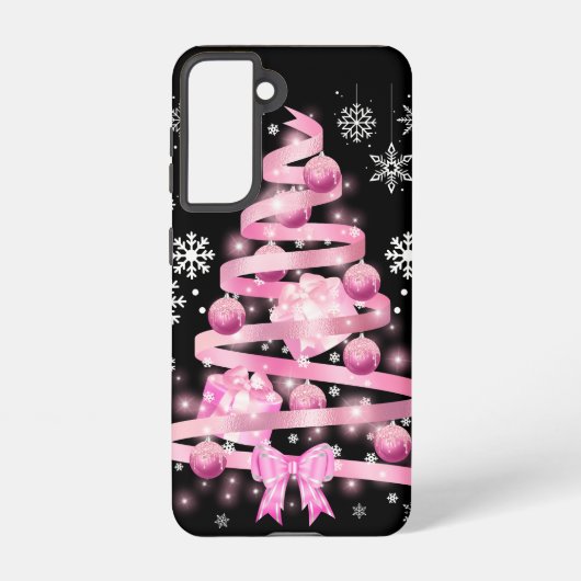 White Snowflake Light Roze Kerstaboom met lint Samsung Galaxy Hoesje (Achterkant)