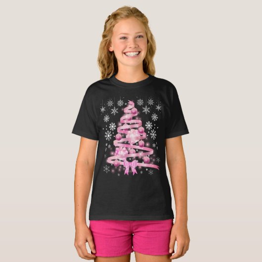White Snowflake Light Roze Kerstaboom met lint T-shirt (Voorkant volledig)